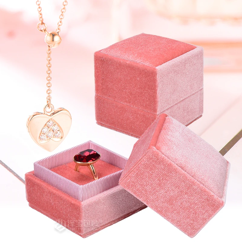 Профессиональная упаковка для ювелирных изделий на заказ, бархатная розовая Подарочная коробка для свадебных колец