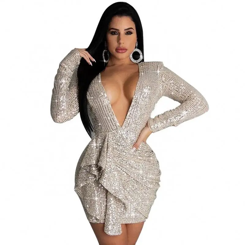 YP Billions Knitted Sequin Long Sleeve Mini Dress Clothes Women Apparel Evening Dresses For Fat Woman