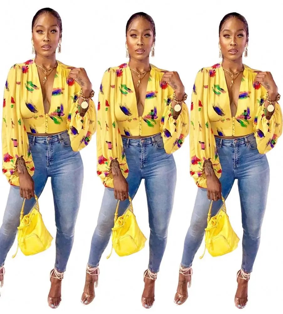 
Cheap wholesale new design deep v neck lantern sleeve print ladies clothing women ling sleeve crop top blouse 