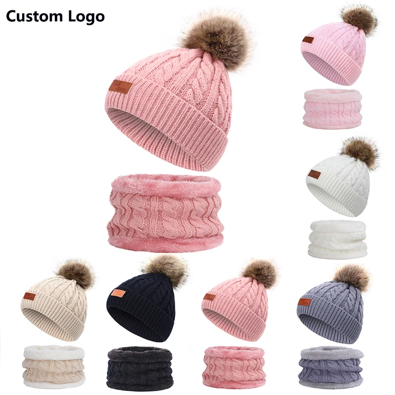 Custom Caps Logo Fashion Cute Knitted Neck Set Baby Kids Toddler Beanies Winter Hats And Scarf Sets With Pom Pom For Child