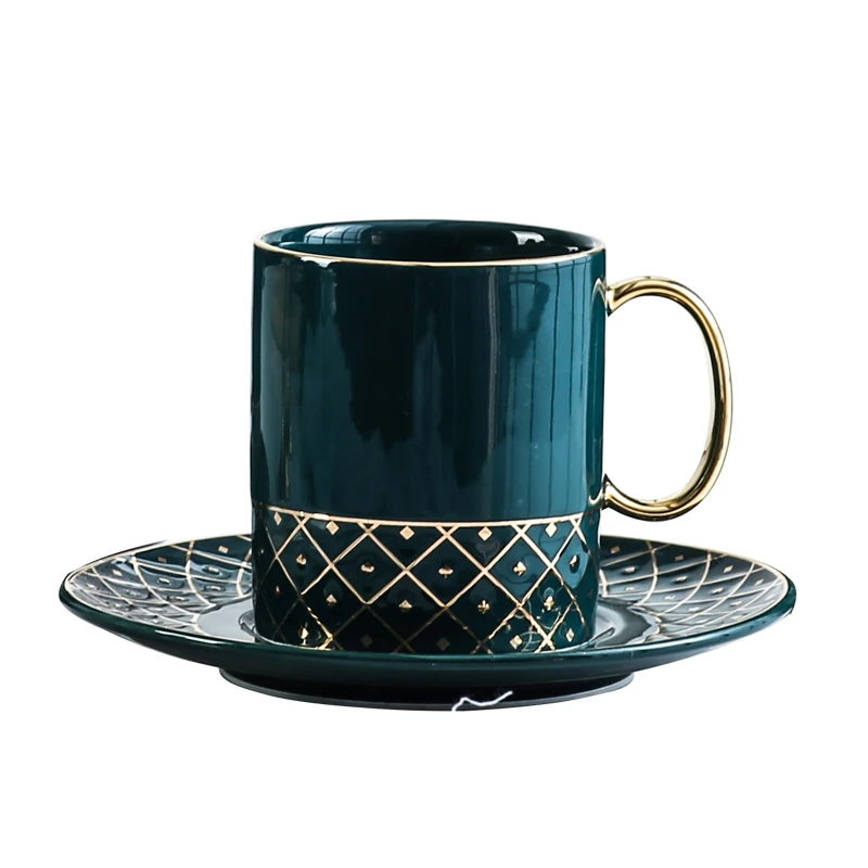 
Arabic Royal Luxury Gold handle Ceramic Coffee Tea Cup Sets with Saucers Blue Green Color Porcelain Cups& Saucers 