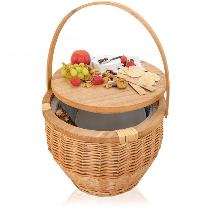 Round Wicker Picnic Basket With Wood Lid And Put Down Handle Storage Baskets