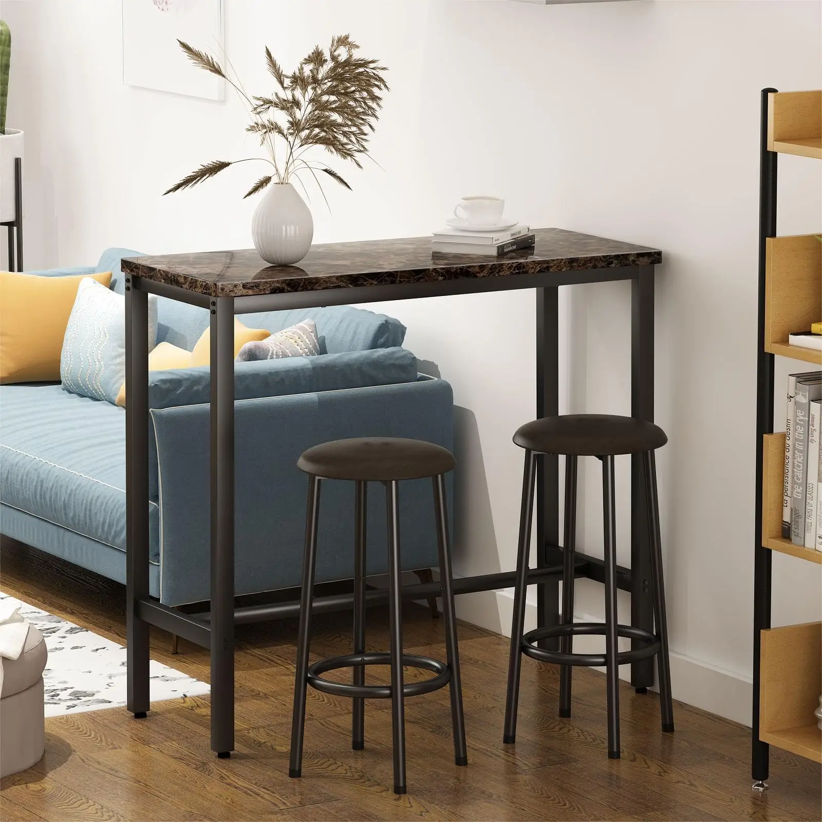 Bar table set of 2 space saving home and kitchen tables with storage racks, 2 upholstered counter height chairs