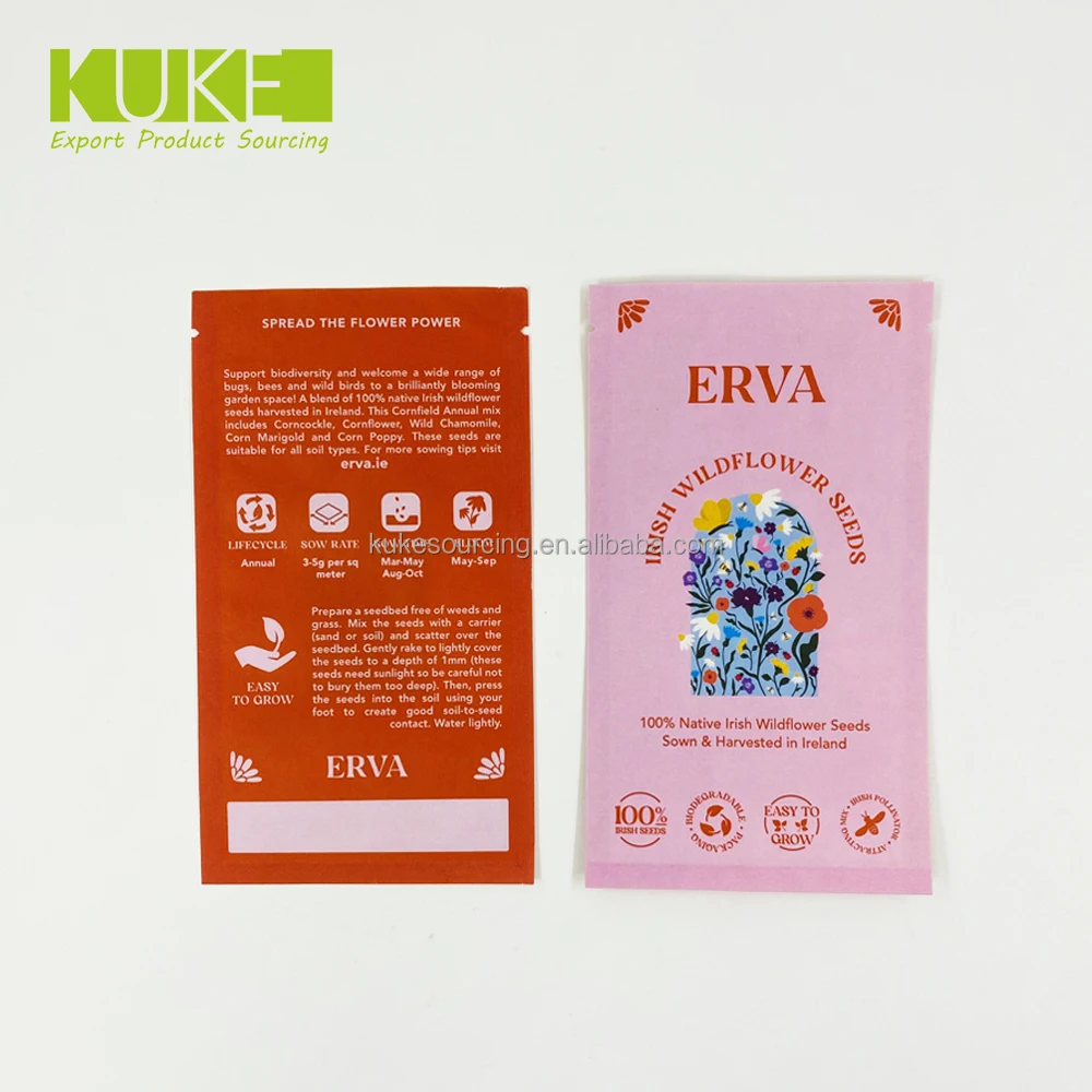 Customized Printed Kraft Paper Three Side Sealed Sachet Biodegradable Compostable Seed Tea Packaging Bag