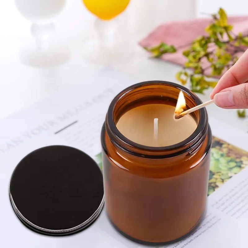 High Quality Ready to Ship 60ml 120ml 250ml 500ml 1000ml Amber Candle Container Heat Resistant Glass Candle Vessels with Lid