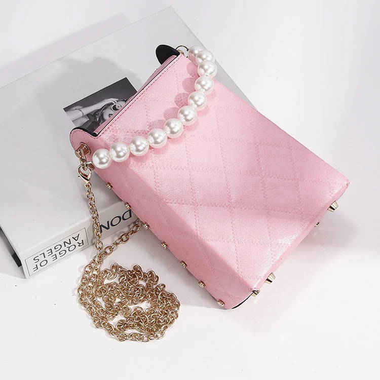 Handle Classic Diamond Sewing Crossbody Single Strap Shoulder Bag Mobile Phone Pearl Pu Leather for Girls Factory Pink Polyester
