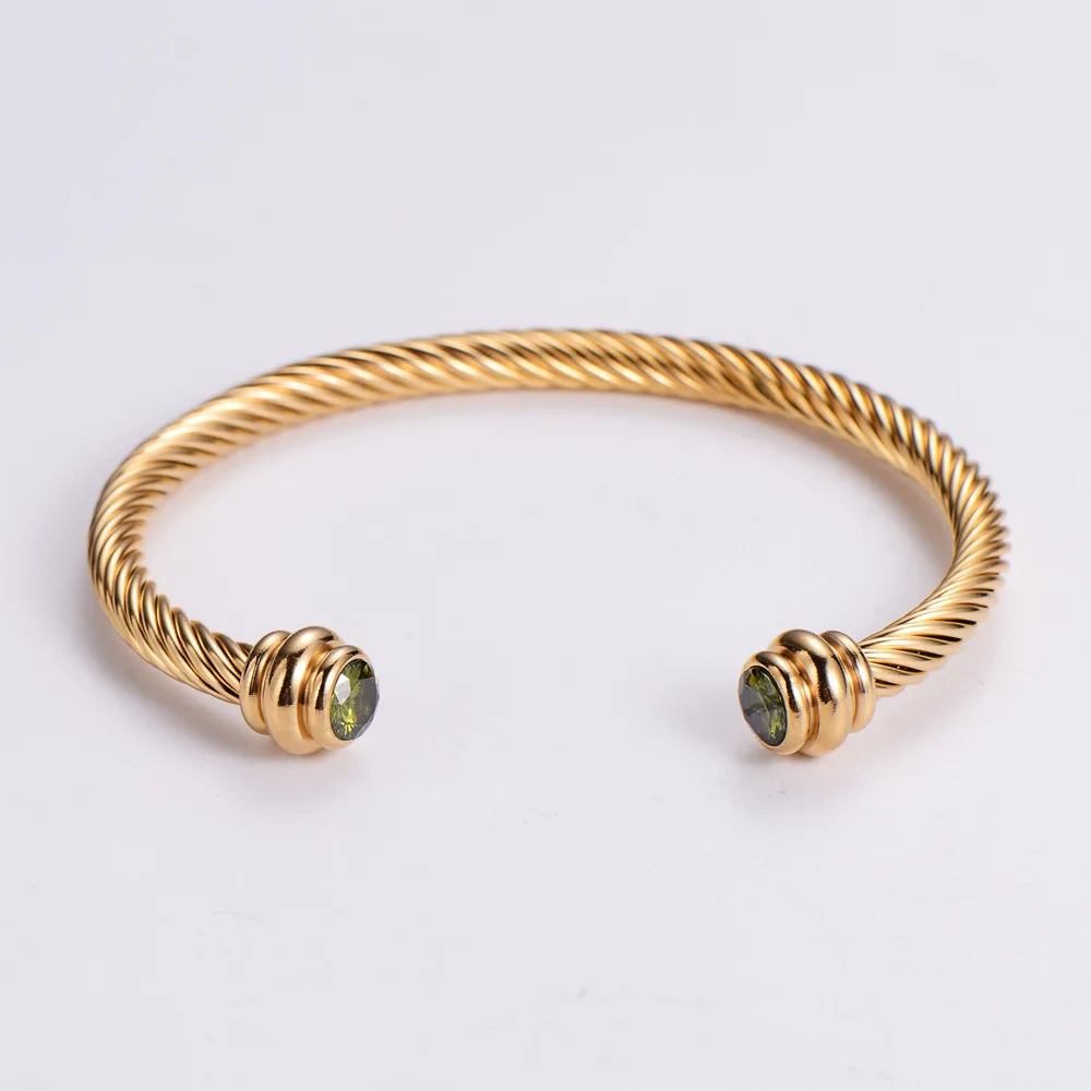 stainless steel gold plated zircon genuine gemstones twisted cable wire open cuff bangle bracelet