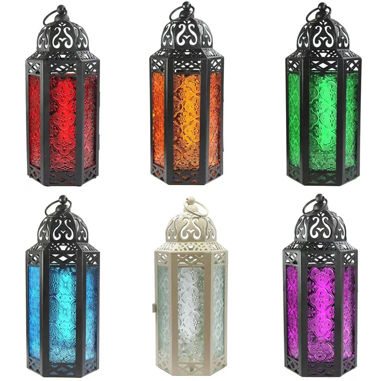Moroccan Style Vintage Metal Lantern Candle Holder Embossed Glass Lantern For Indoor Outdoor Decoration