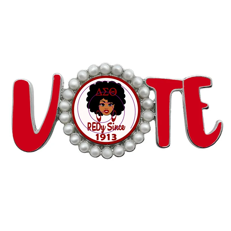 New Arrival Customized Pattern Greek Delta Sorority Inspired Making Dainty Pearl Inlaid DST Sisterhood Jewelry VOTE Brooch Pin