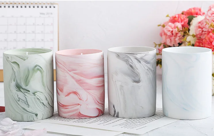 High Quality Ceramic Empty DIY Making Kit Marble Pattern Style Container Holder Candle Jar  With Lid