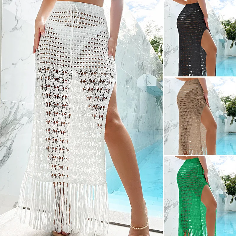 Sexy Women Crochet Hollow Out Swimwear Bikini Cover Up Popular High Split Knitted Skirt Vacation Beach Cover Up