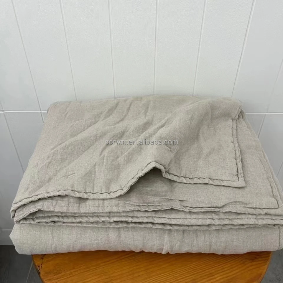 Stone-washed 100% Linen embroidery quilt Queen size high quality luxury Bedding Customized size and color Sustainable material