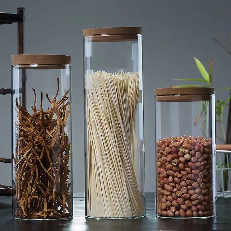 Dampproof Clear Sealed Round Borosilicate Glass Glass Storage Jar with wooden cork for Kitchen Home Decor