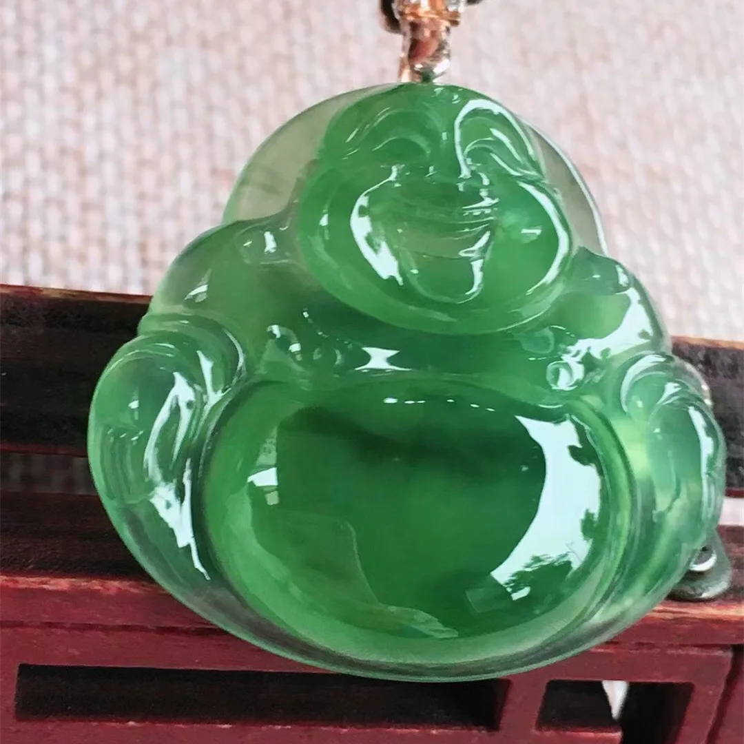 Certified Grade A Jadeite A Guanyin Buddha 18K Inlaid Ice  Sun Green