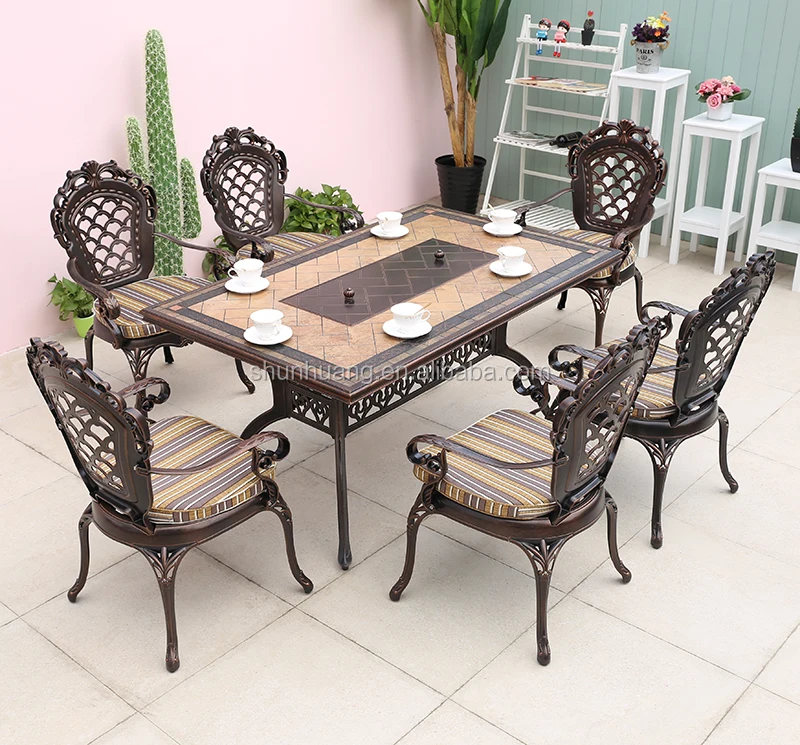 
Luxury cast aluminum garden set cast aluminum furniture livingroom dining set metal frame with marble table 