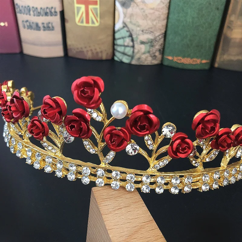 Bridal Accessories Wedding Gold Crown Pearl Red Rose Flower Crystal Tiaras