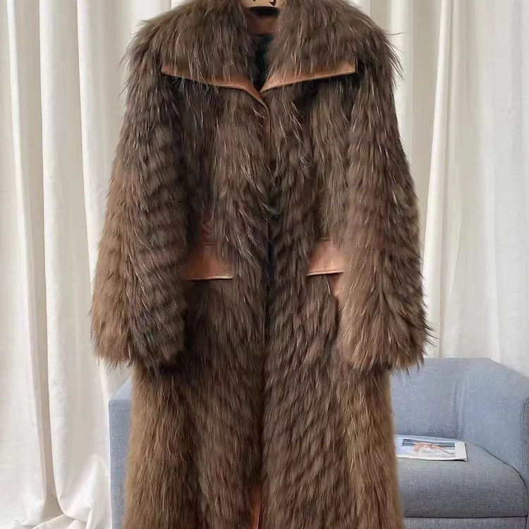 Fashion Design fur  Jacket  Real Raccoon  Fur Coat  women  Raccoon fur  X-long coats