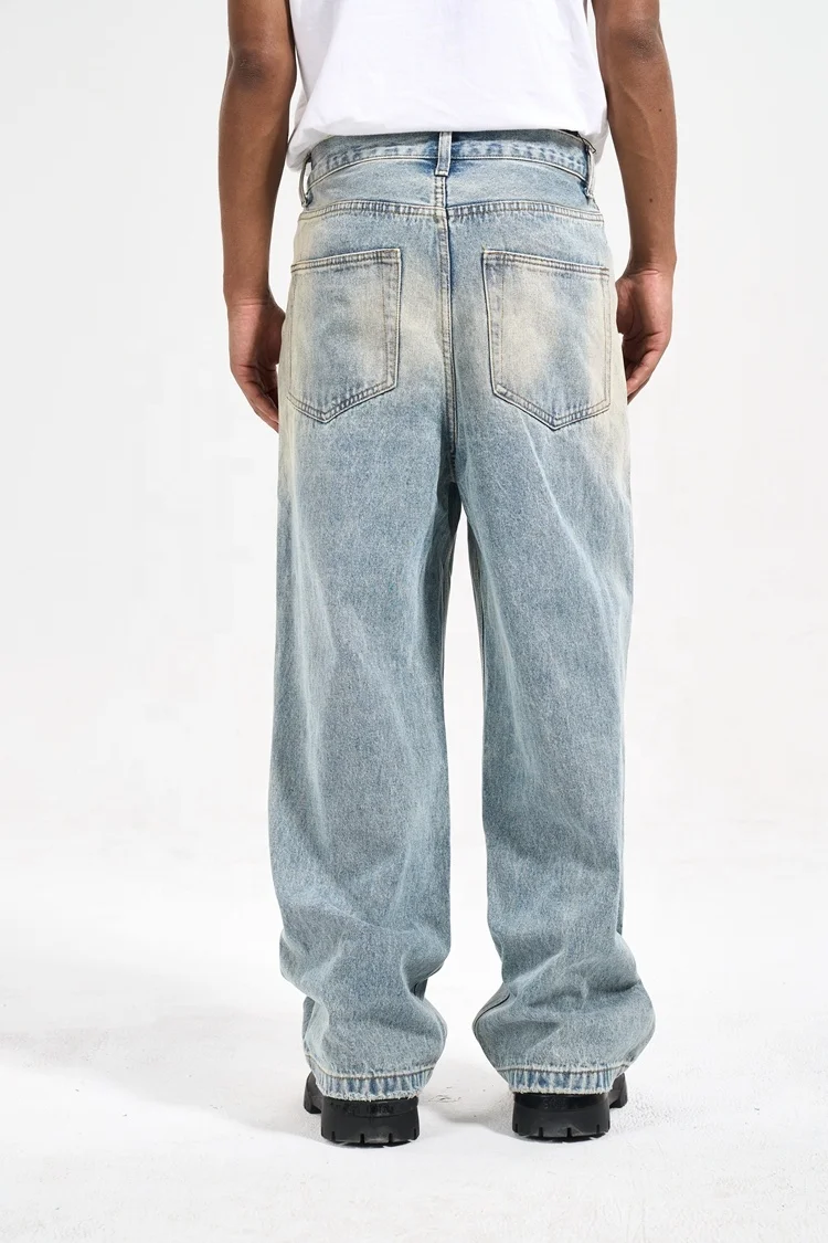 Custom label  drop ship  stock street wear stock baggy jeans manufacturer men blue stacked flared denim jeans