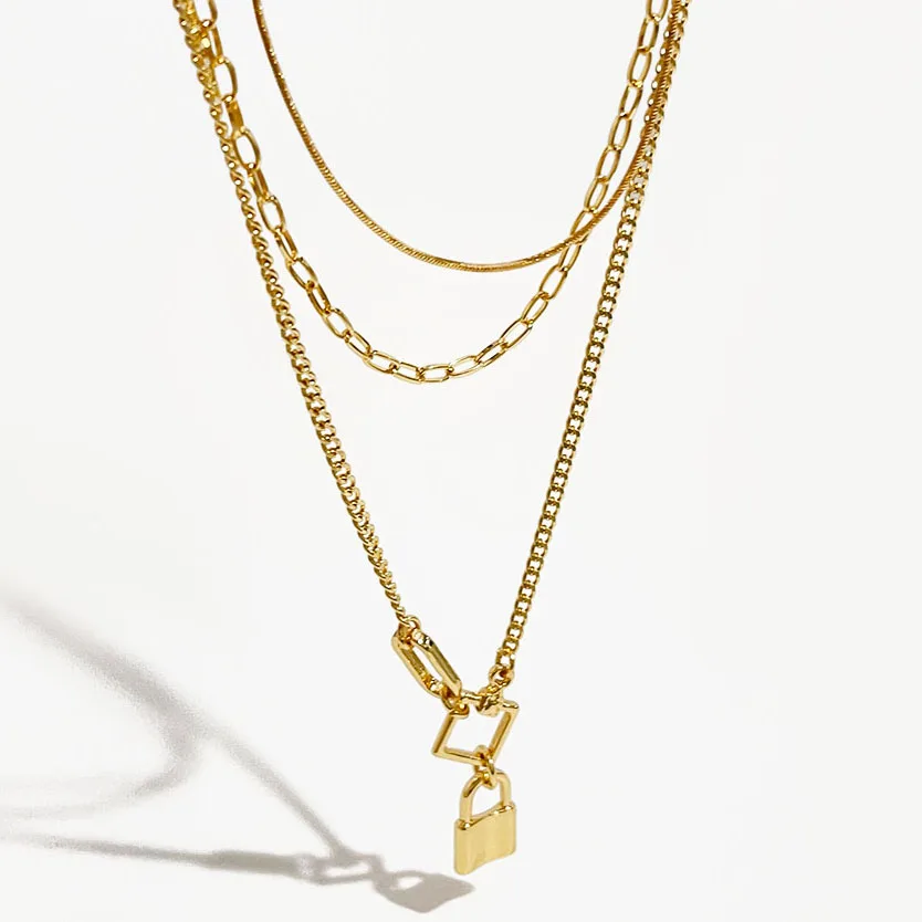 Gold Silver Color 3 layered Minimalist Lock Pendant Choker Long Chain Necklace Women Vintage Y Colliers Trendy Fine Jewelry Gift