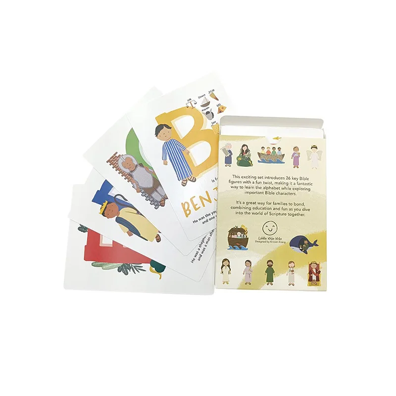 Custom Printing Eco Friendly Paper Kids Learning Game A To Z Adventures Bible Characters Alphabet Flash Cards With Wooden Block