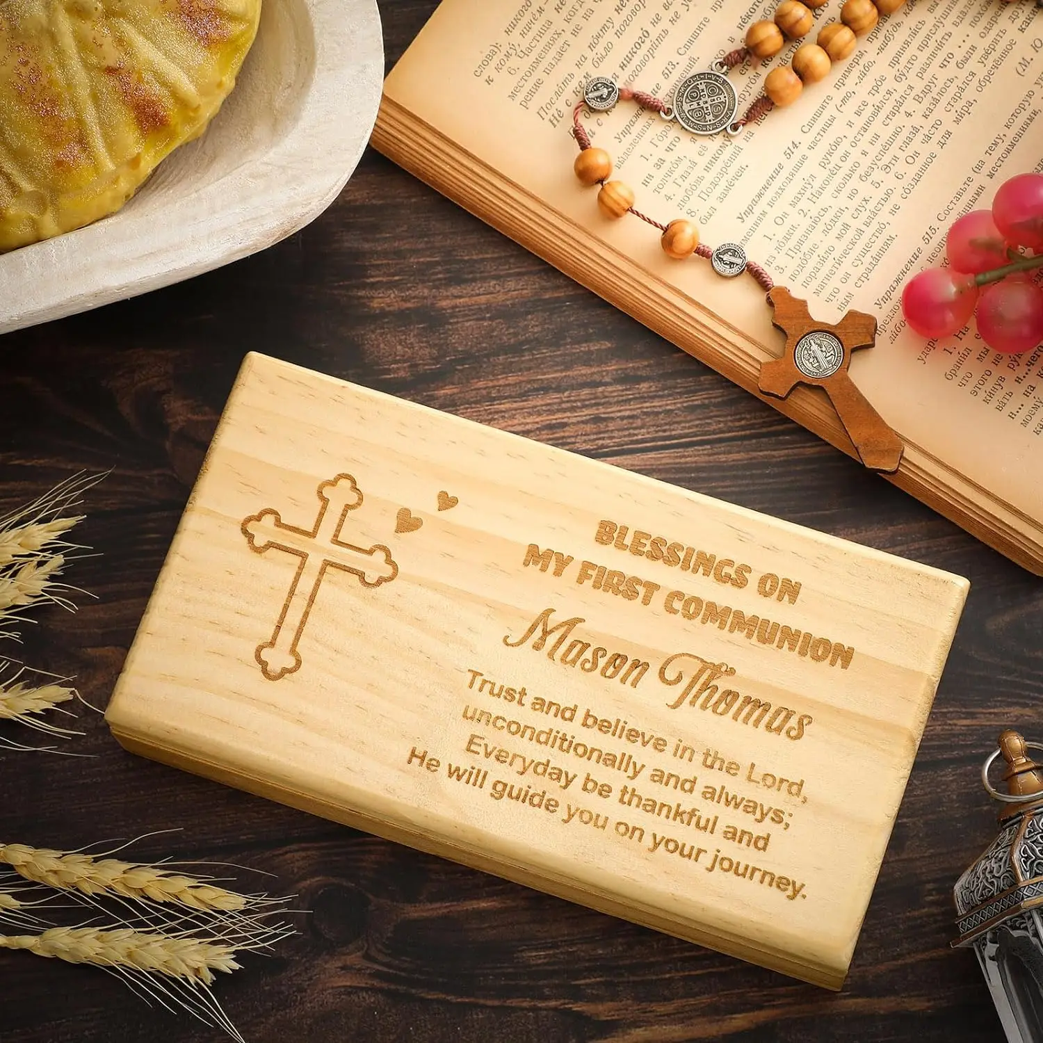 Wooden Engraved First Communion Valet Cross Rosary  Box for Rosary Beads, Keepsakes, Small Jewelry