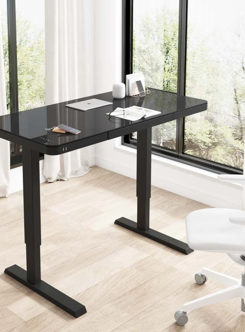 Electric Height Adjustable Desk Single Motor Standing Desk With Glass Tabletop Sense Touch Panel And   Wifi Charger