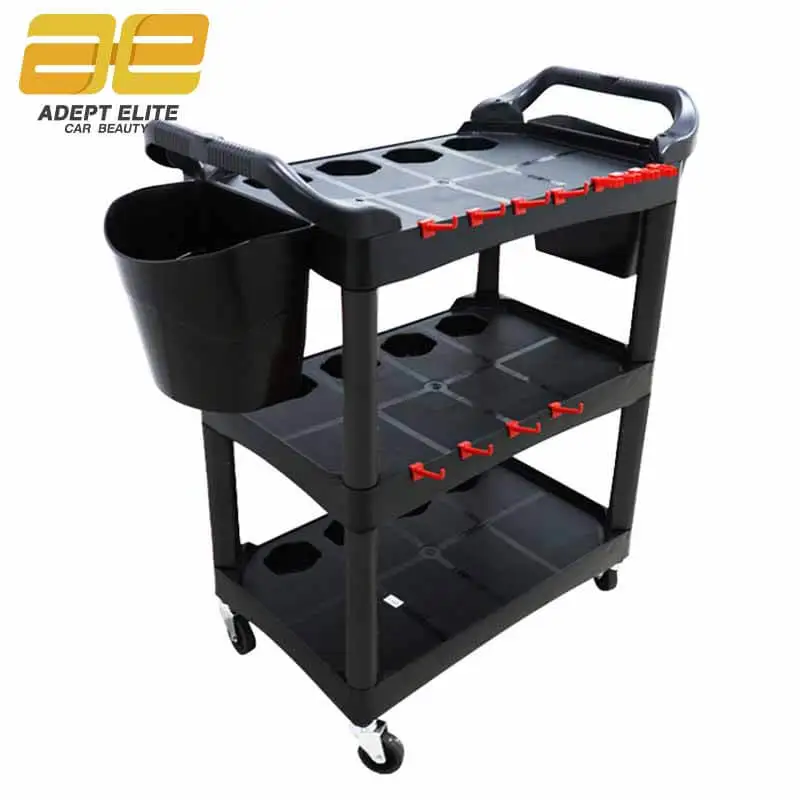 Multi-Purpose Auto Beauty Trolley Garage Car Washing Shop Three-Story Auto Beauty Tool Cart with Bucket and Blottle Hook