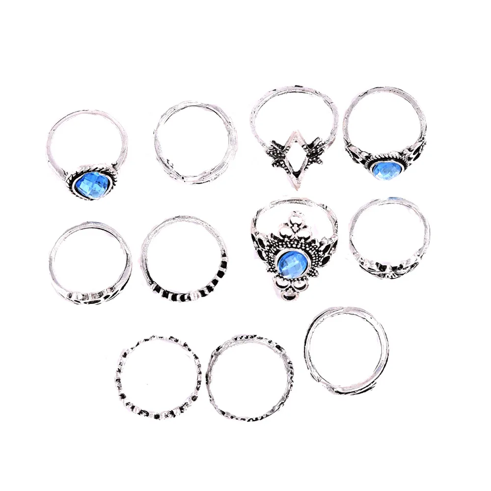 European and American 11pcs/set Antique Silver Arrow Elephant fox lion pony Pattern Carved Animal Geometric Gemstone Rings
