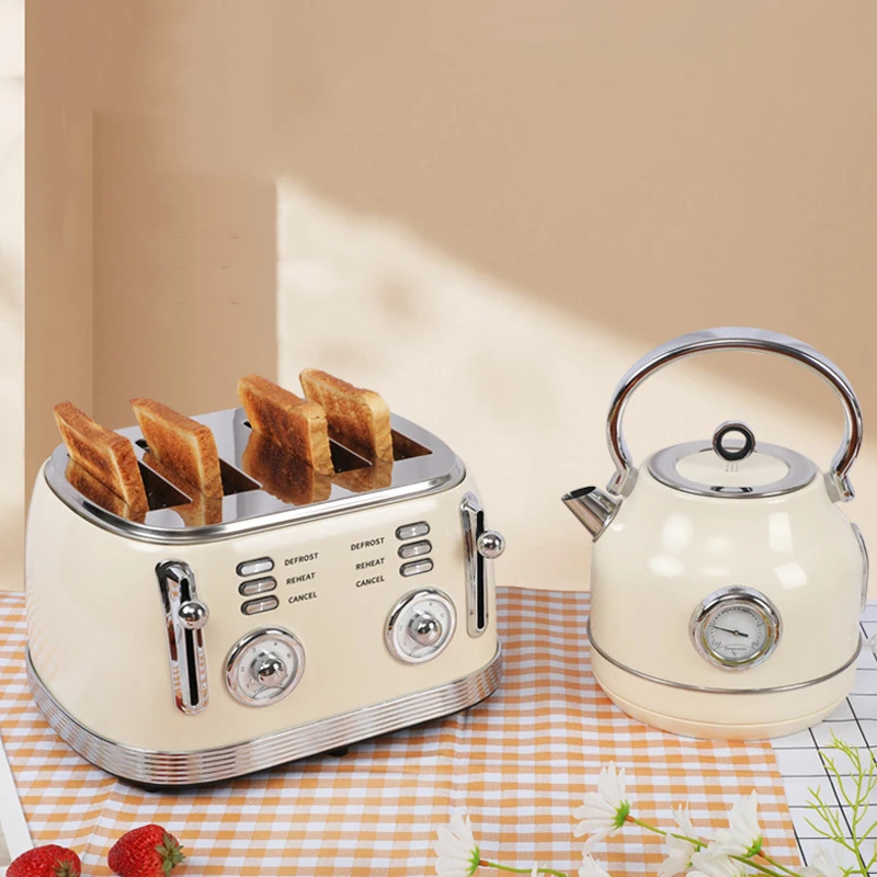 Электрический чайник и тостер для хлеба на 4 ломтика, из нержавеющей стали, многофункциональный тостер для завтрака и хлеба с индикатором температуры