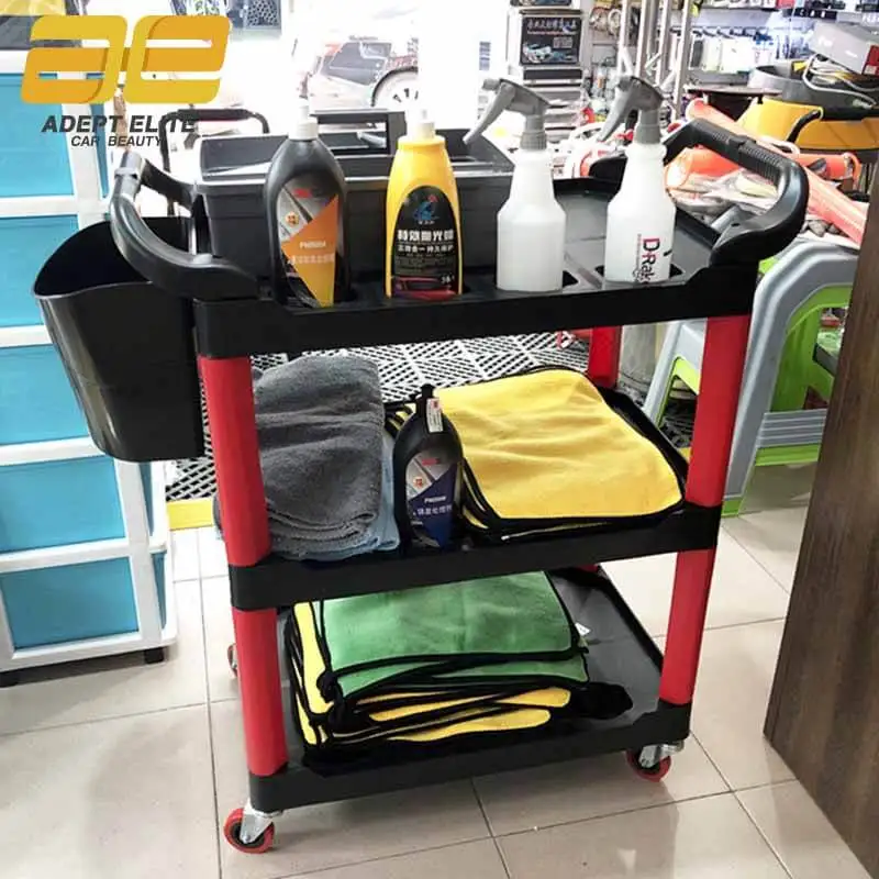 Multi-Purpose Auto Beauty Trolley Garage Car Washing Shop Three-Story Auto Beauty Tool Cart with Bucket and Blottle Hook