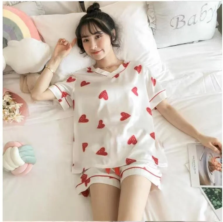 Summer Short Lady Night Suit 2 Pc Nightwear Satin Pjs Lounge Wear Sets for Women Sleep Wear Set Satin Silk Fabric Pijamas Woman