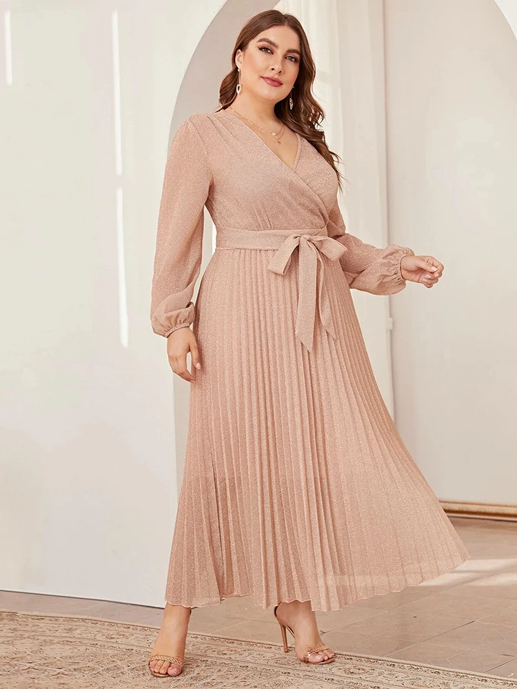 Yindian OEM Fashion party evening dress Ladies long bishop sleeves Shiny Pleated With Belt plus size Dress