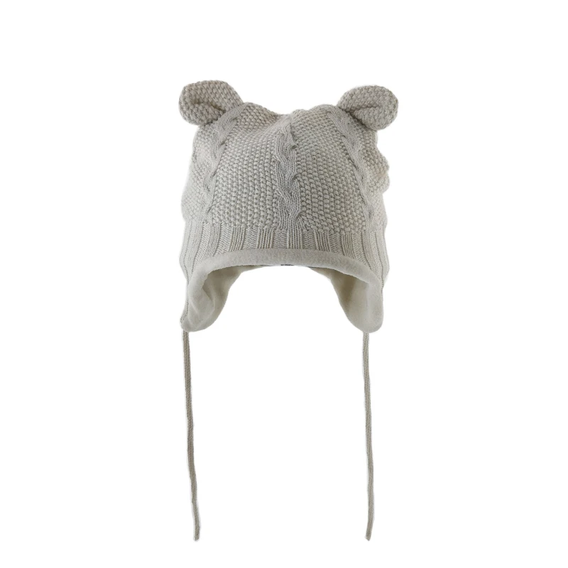 Cotton yarn knitted winter hats polar fleece lining warmer baby earflap hat with lining