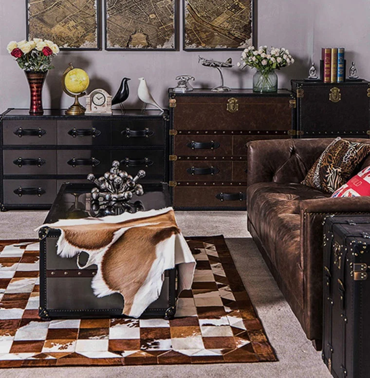 Retro style 9 drawers wooden corner drawer chest with leather covered