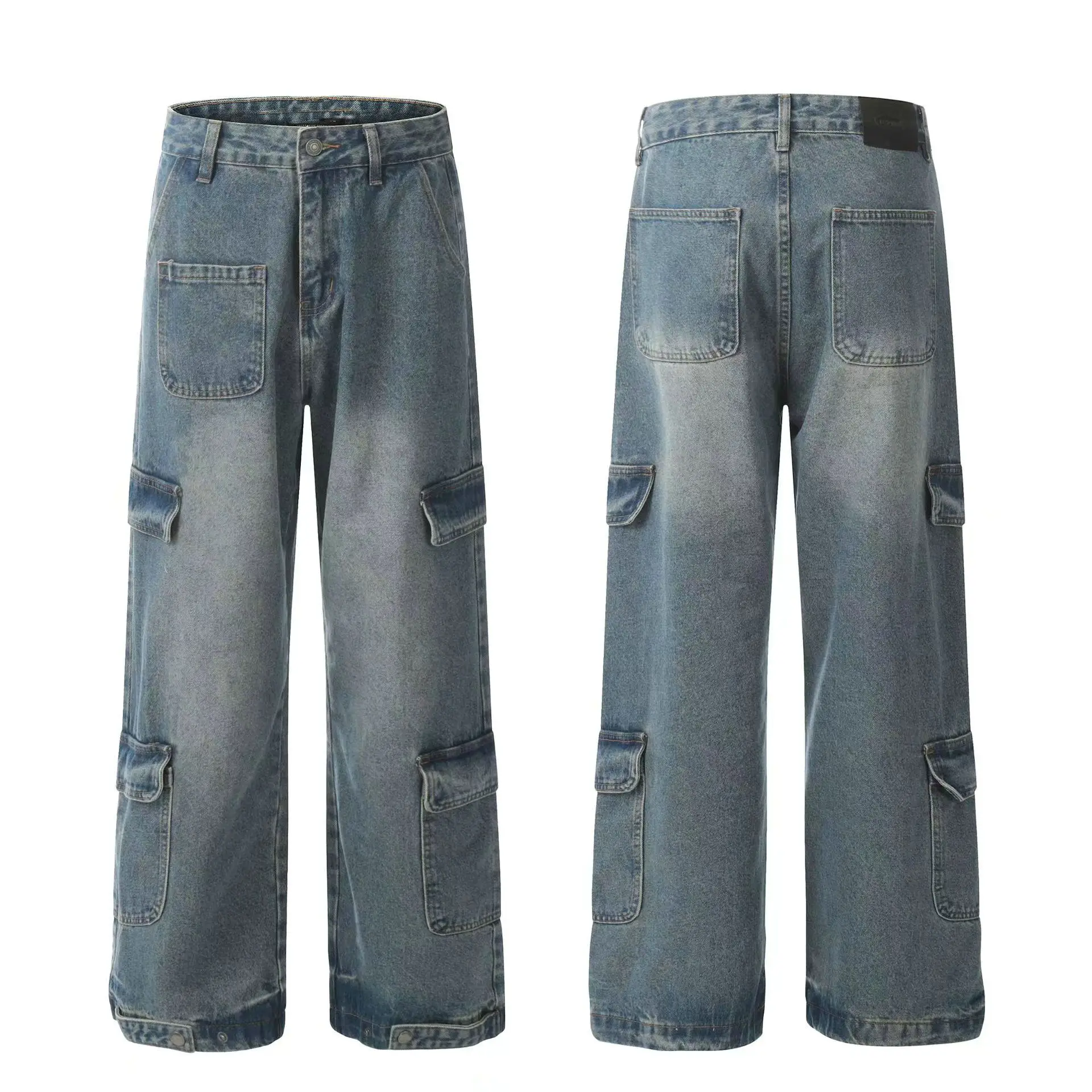 Custom Ready Made Cotton Poly Denim Cargo pants Washed  Wide Straight Leg Fit Jeans  With Multi Pockets In Black Vintage Washed