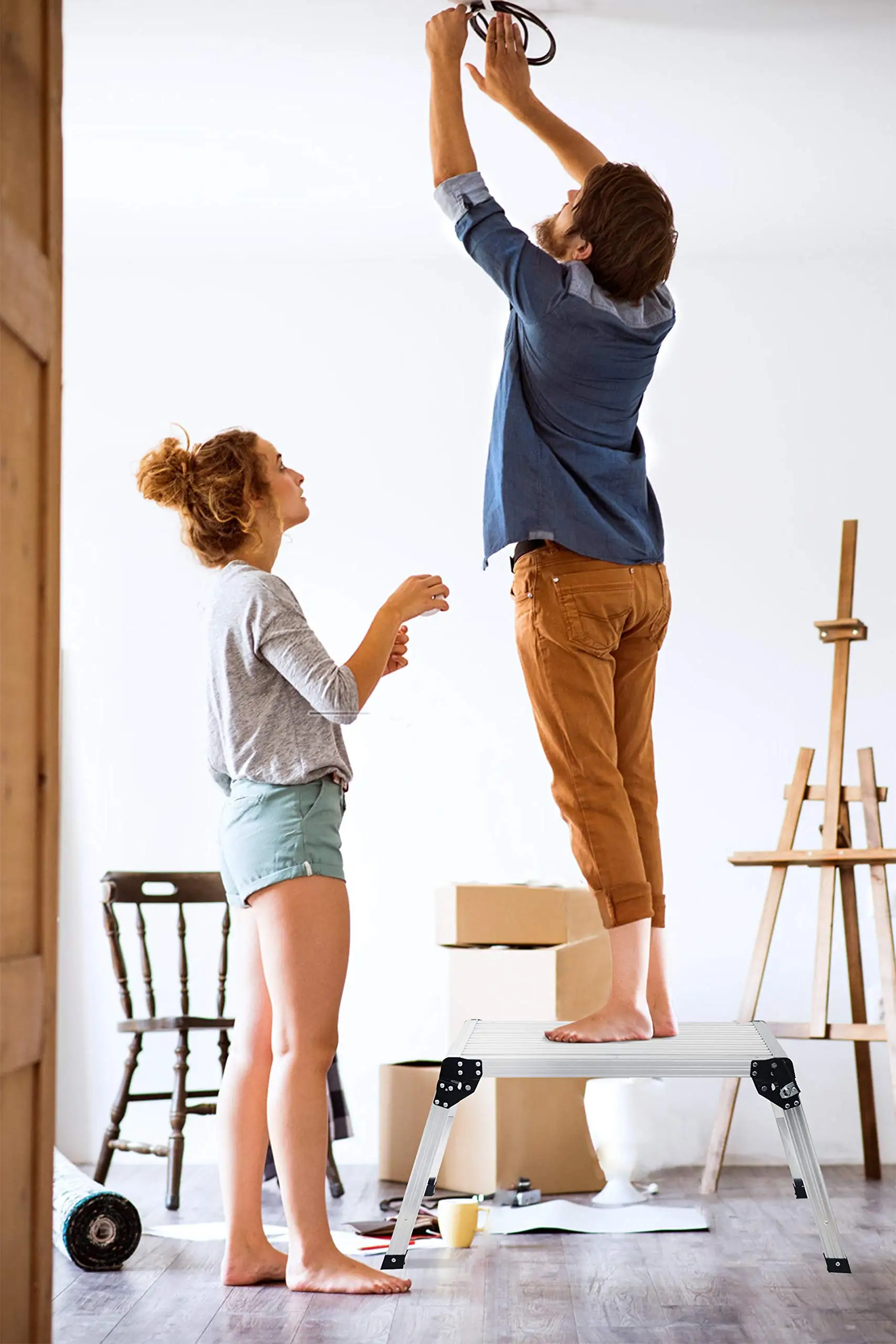 Work Platform Step Ladder Heavy Duty Foldable Aluminum Platform 330 LBS Capacity