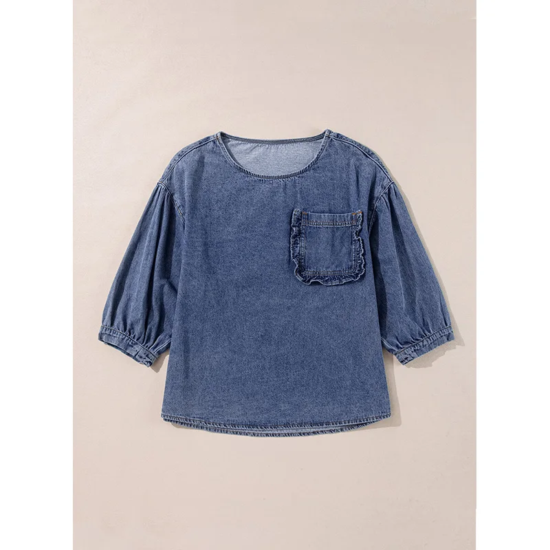 Dear-Lover Wholesale Blouses Elegant Women Three Quarter Sleeve Ruffled Patched Pocket Cotton Denim Blouse