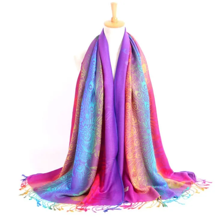 New Colorful Rainbow Scarf Pashmina Jacquard Peacock Shawl