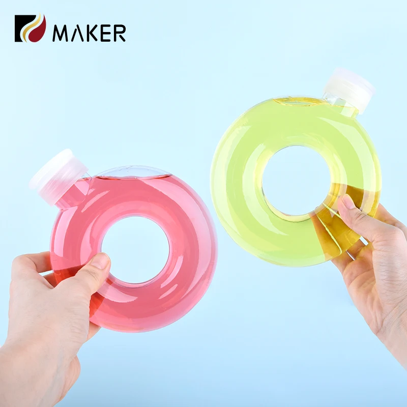Food Grade Clear PP 350ml 500ml Donut Bangle Shaped Beverage Drinks Bottles Milk Tea Juice Plastic Bottle With Pull Ring Lid