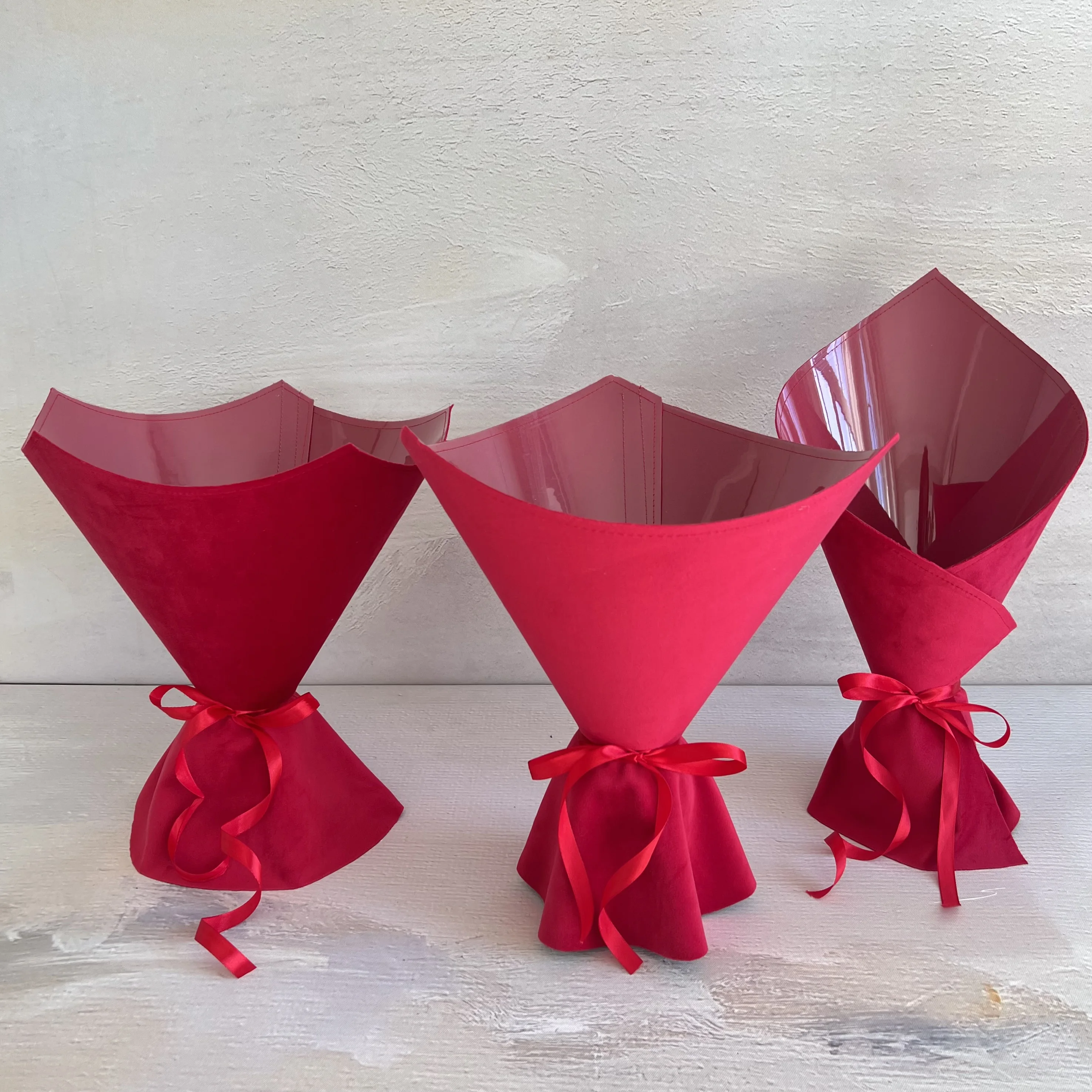 Ready-to-assemble velvet flower package/ Conic, triangular, pentagonal & round shapes/ Gift flower packaging for bouquet