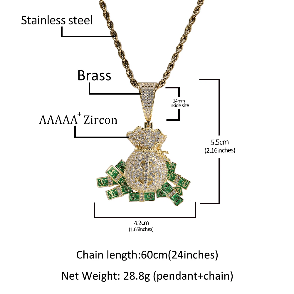 Hip Hop Classical US Dollar Pendant Jewelry CZ Bling Fancy Big Enamel Dollar Necklace Pendant for Mens Women Gift