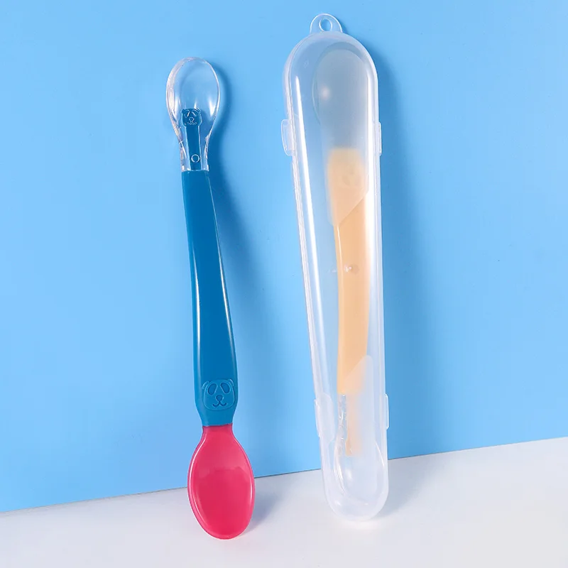 Hot Sale One-piece double heads silicone Temperature Sensing Spoon for baby