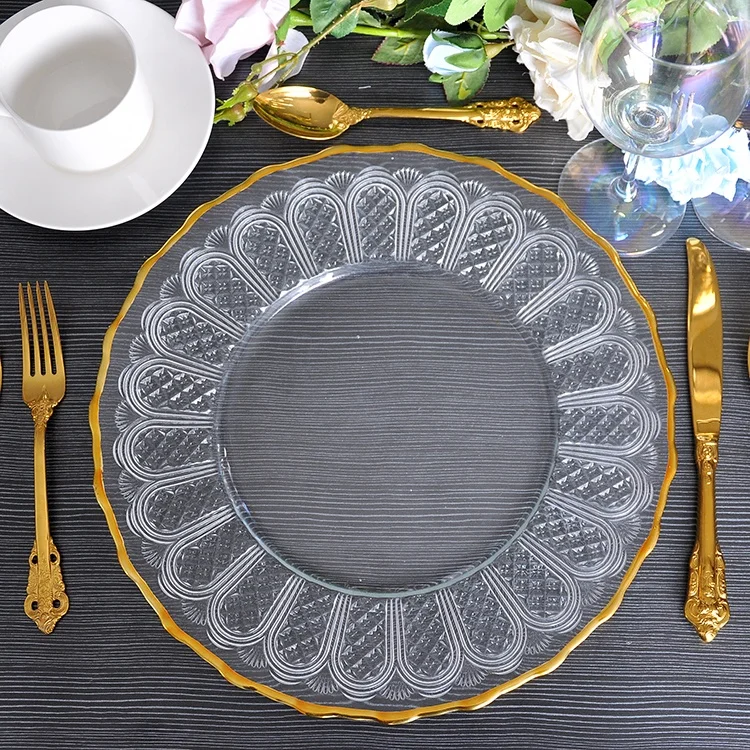 Custom 13 inch glass pressed chargers plate for wedding Gold rim pattern charger plate