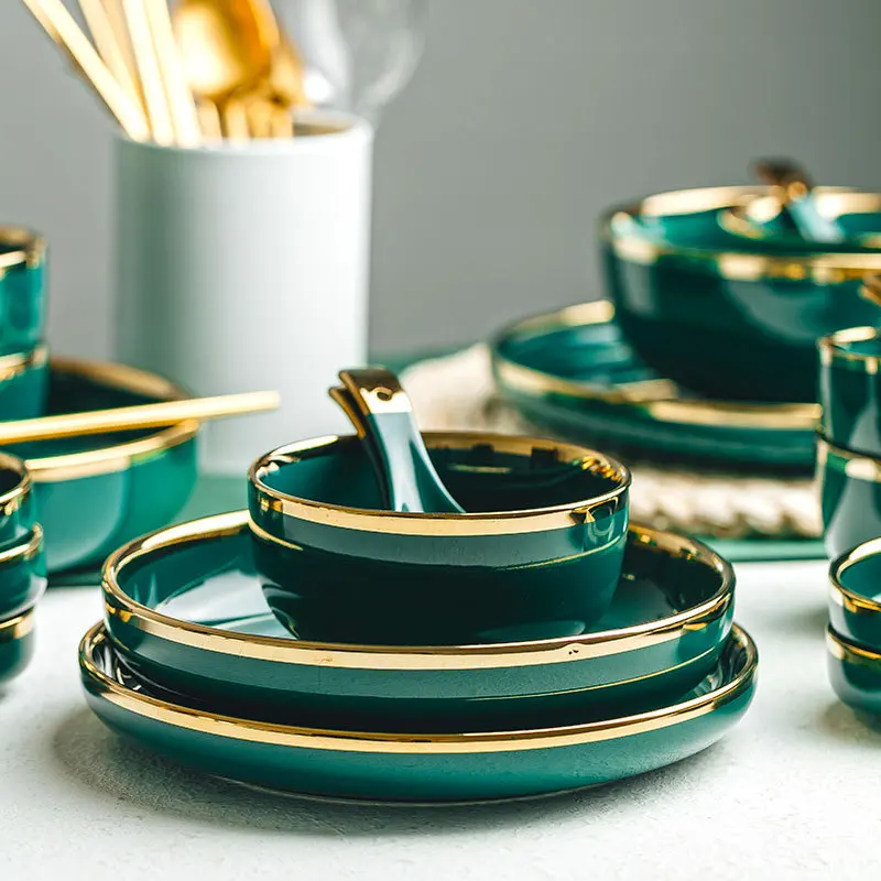 emerald green dinnerware gold rim tableware set ceramic home rice bowl western plate dishes