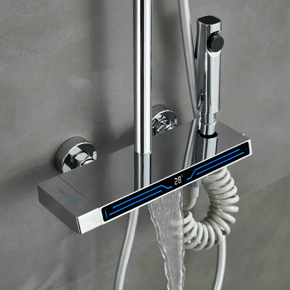 Fashionable New Design Exposed Bath and Shower Faucet System Set With Temperature Show Ambient LED Light