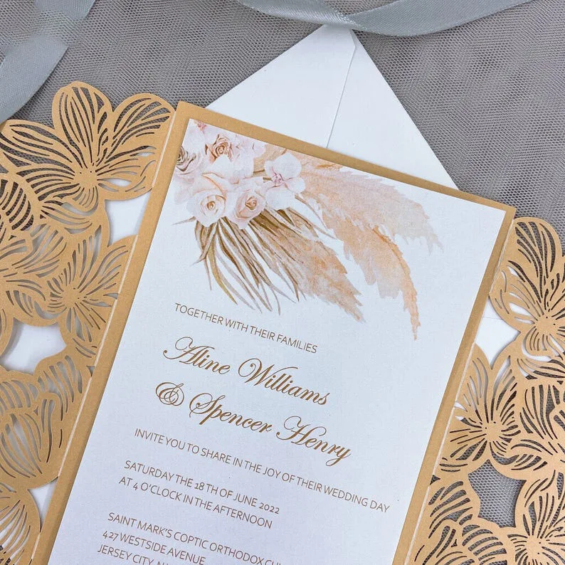 Wholesale Wedding Card Laser Cutout Luxury European Style Champagne Gold Glitter Laser Cut Wedding Invitations