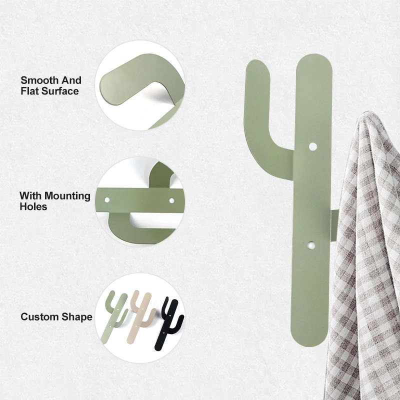 Set of 3 Iron Cactus Double Wall Mounted Hooks Hangers Bathroom Decorative Metal Hooks for Coats and Bags