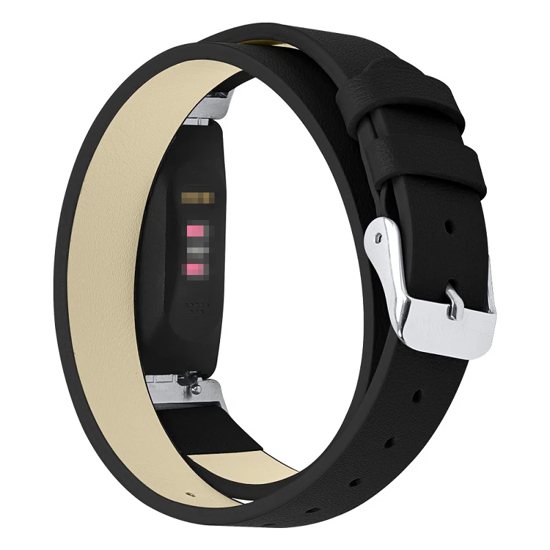 Extra Long for Fitbit Inspire/Inspire HR Wrist Strap Stainless Steel Silver Black Buckle Double Tour Leather Watch Band