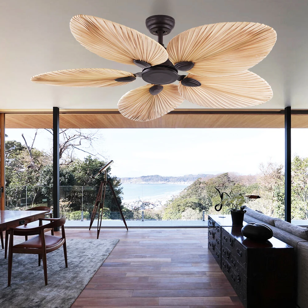 Hot Selling Manufacturers 52 Inch 220v Power AC DC Palm Leaf Led Ceiling Fan Light