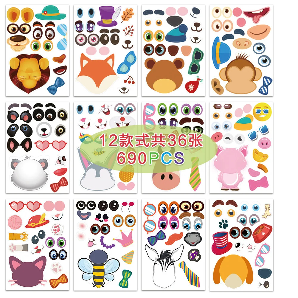 Make Your Own Stickers Kids Puzzle Make a Face Stickers Cute Animal Dinosaur Princess Children Stickers Party Favors